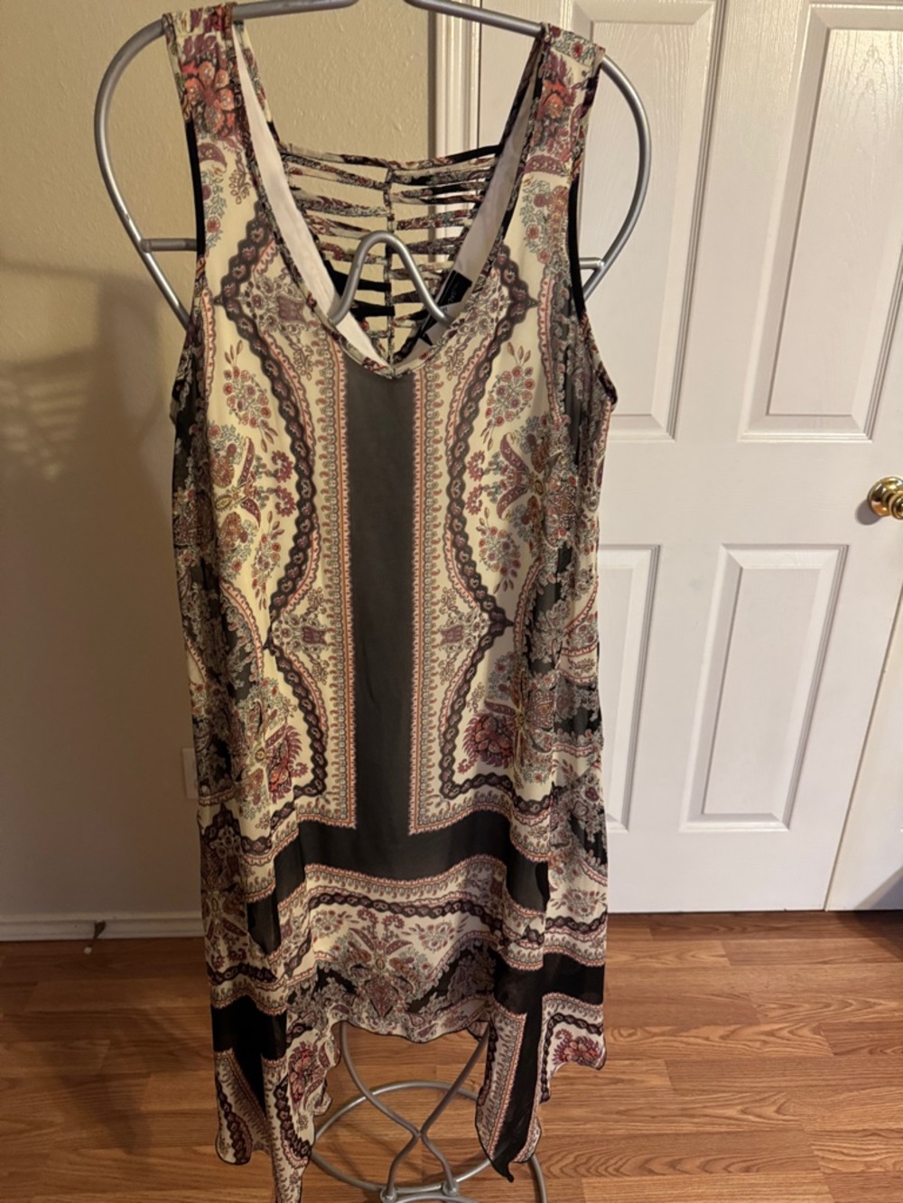 Asymmetrical Paisley Tank Dress in Cream and Brown - Picture 3 of 11